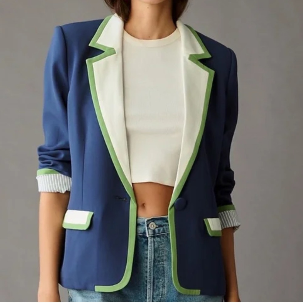 Anthropologie Maeve Blue and White Blazer with Green Trim